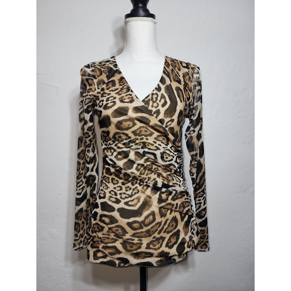 INC Leopard Print Mesh Top Womens‎ M Brown Ruched Wrap Front Long Sleeve